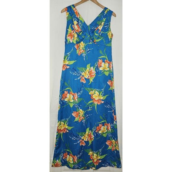 Vintage Paradise Hawaii Long Maxi Hawaiian Dress 1960’s 70s Blue Floral Sz  14